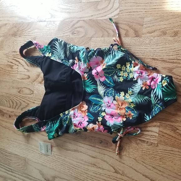 (S) George. Floral Lace Up Open Back Juniors One Piece Swimsuit Beach Vacation - Picture 9 of 10